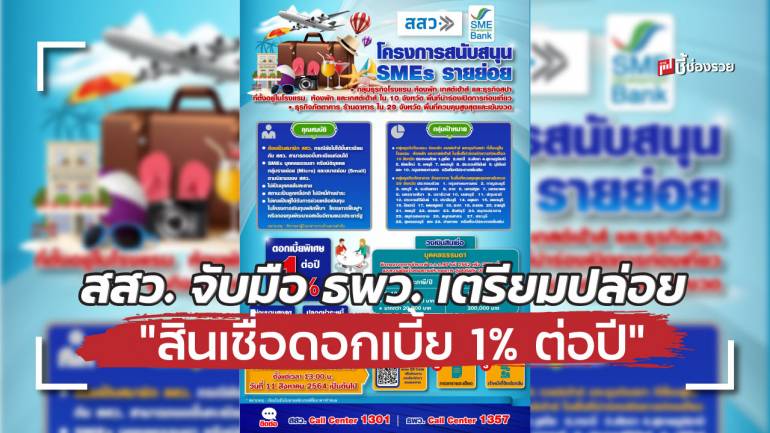 สสว. จับมือ ธพว. เตรียมปล่อย “สินเชื่อดอกเบี้ย 1% ต่อปี” เปิดลงทะเบียน 11 ส.ค.นี้ ช่วย ท่องเที่ยว ร้านอาหาร