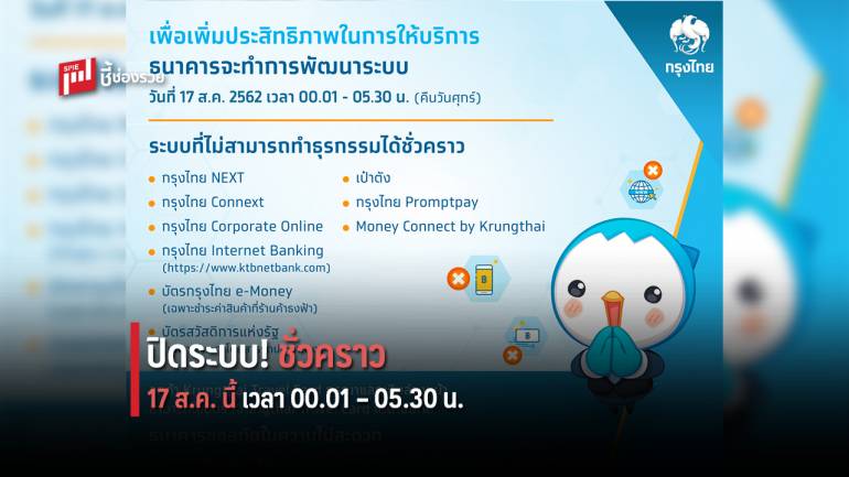 กรุงไทย ประกาศปิดระบบชั่วคราว 17 ส.ค. 62 นี้ ตั้งแต่เวลา 00.01 – 05.30 น.