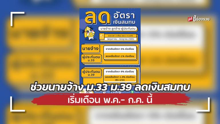 ครม. เห็นชอบมาตรการช่วยเหลือนายจ้าง ผู้ประกันตน ม.33 ม.39 ลดเงินสมทบ เริ่มเดือน พ.ค.- ก.ค. นี้