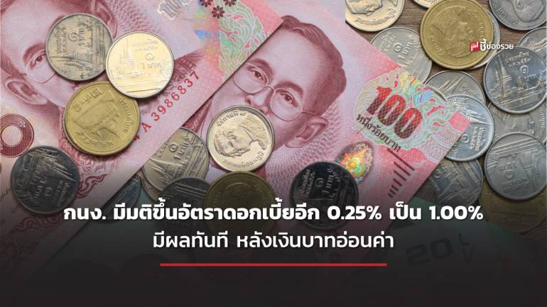 แบงค์ชาติ ปรับขึ้นอัตราดอกเบี้ยนโยบายเป็น 1.00% ต่อปี มีผลทันที หลังเงินบาทอ่อนค่าที่สุดนรอบ 16 ปี