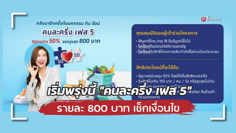  เริ่มพรุ่งนี้ “คนละครึ่ง เฟส 5” รายละ 800 บาท เริ่มใช้จ่ายครั้งแรก 1 ก.ย. 65