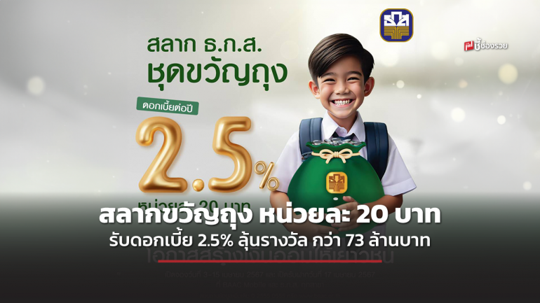 ธ.ก.ส. ชวนเด็ก ๆ ออมเงิน เปิดสลากขวัญถุง หน่วยละ 20 บาท รับดอกเบี้ย 2.5% แถมลุ้นรางวัลรวมมูลค่ากว่า 73 ล้านบาท เปิดจองแล้ววันนี้