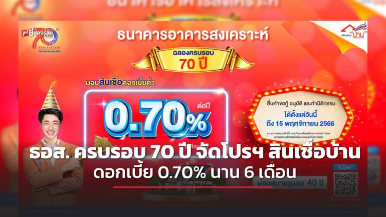 ธอส. ฉลองครบรอบ 70 ปี จัดโปรโมชันสินเชื่อบ้านอัตราดอกเบี้ย 0.70% นาน 6 เดือน